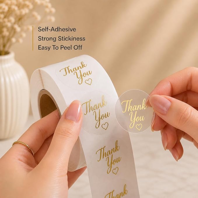 1000 Clear Thank You Stickers Roll, 1 Inch Round Gold Thank You Labels, Bulk Thank You Stickers for Small Business Packaging, Boxes, Bags, Envelopes, Baked Goods & Party Favors, 2 Rolls of 500
