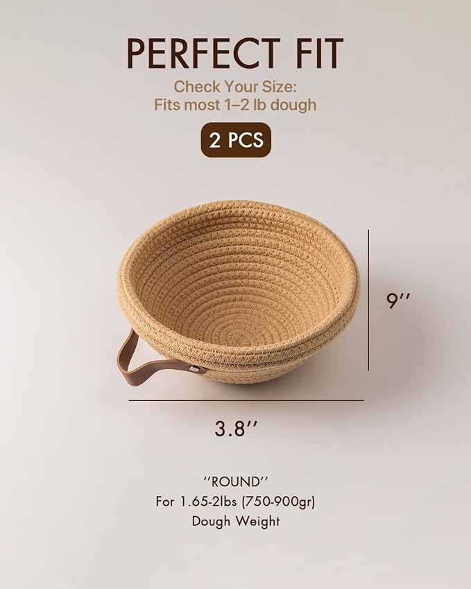 Crispier Crust Cotton Rope Banneton Bread Proofing Basket Set of 2, Round Bread Baskets with Liners & Covers for Artisan Bread Baking, Sourdough Bread Baking Supplies, Gift-Ready(Brown)