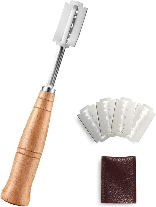 Bread Lame, Stainless Steel Sourdough Scoring Tool, Scoring Knife for Bread Baking Supplies, Bread Scorer with 5 Ultra-Sharp Razor Blades and Wood Handle, 7.32"