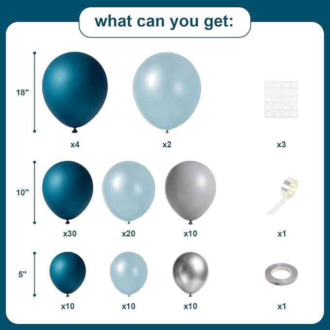 Blue Silver Gray Balloons Garland Arch Kit, Dusty Blue Metallic Silver Balloon Arch Kit for Birthday Baby Shower Wedding Graduation Father’s Day Gender Reveal Bachelorette Engagement Party Decorations