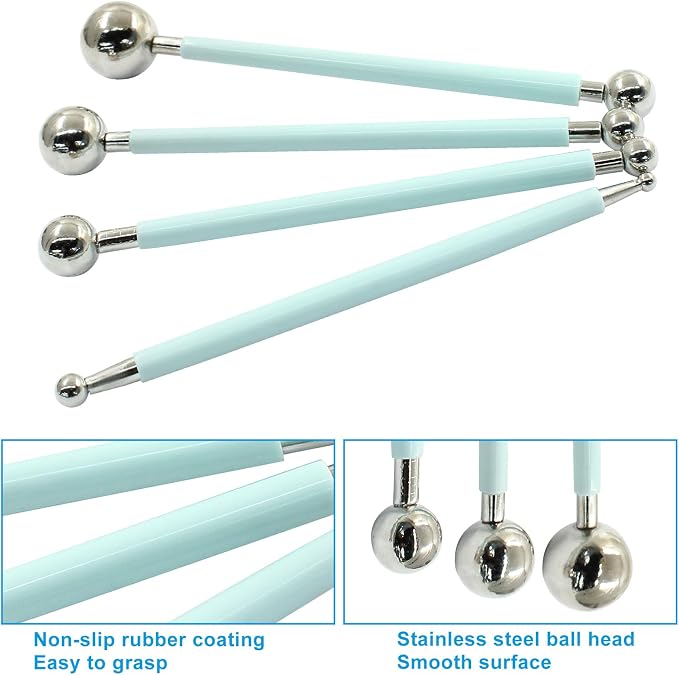 4Pcs Metal ball Fondant Tool Stainless Steel Modelling Ball Tools Set DIY Cake Decorating Tool for Sculpting and Shaping (Cyan)