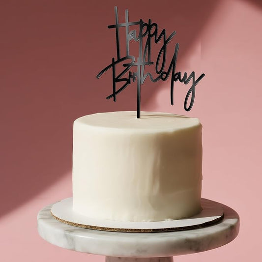 Happy Birthday Cake Topper – Black Acrylic Birthday Cake Decoration, Modern Script Reusable Cake Pick for Adult Birthday Party, 7.2 Inch