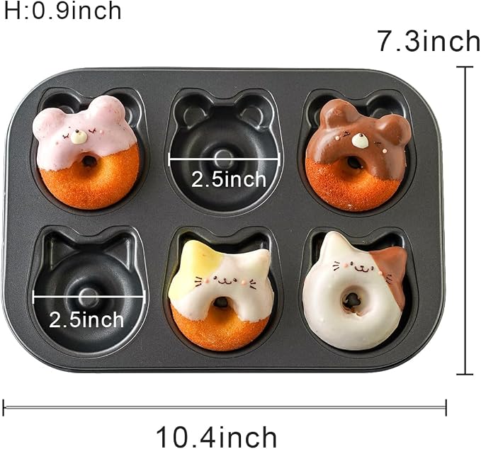 2 Pack Donut Pans, 2 1/2" Non-Stick Cat & Bear-Shaped Donut Mold Cake Pan, 6 Cup Carbon Steel Doughnut Pan for Home Baking