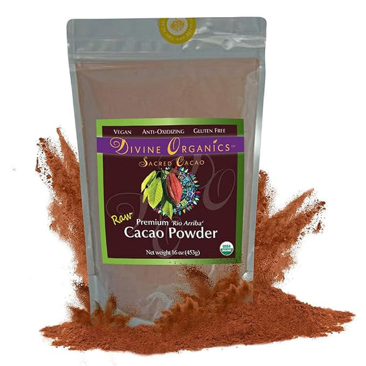 Divine Organics Raw Cacao Powder/Raw Cocoa Powder - Certified Organic - Premium Rio Arriba - Smoothies, Hot Chocolate, Baking, Shakes, Add to Coffee - Rich in Magnesium (32oz)