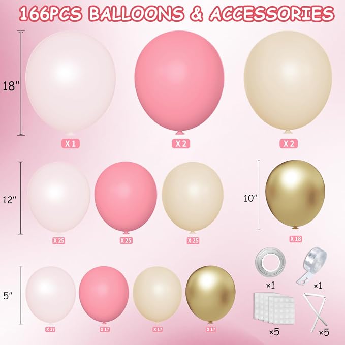 Mebay Dusty Blush Pink Nude Gold Balloon Arch Kit, 166Pcs Retro Pink Nude Metallic Gold and Macaron Light Pink Balloons for Bridal Baby Shower Girls Boho Birthday Wedding Decorations Supplies
