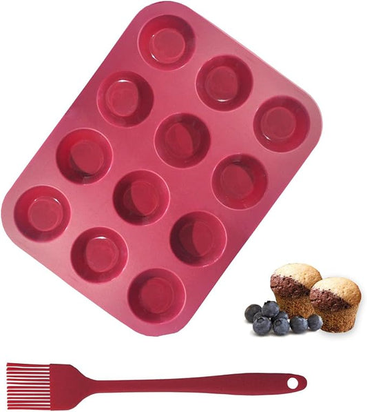 Silicone Muffin Pan, 12-Cup Cupcake Pan with Silicone Pastry Brush for Mini Egg Muffin, Keto Diet, BPA Free, Dark Red