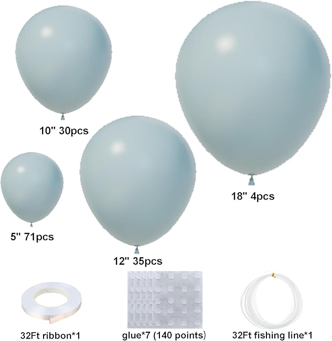 140Pcs Dusty Baby Blue Balloon Arch Garland Kit,Slate Fog Baby Blue 5/10/12/18 Inch Balloons for Men Boy Baby Shower Bridal Shower Birthday Party Decorations