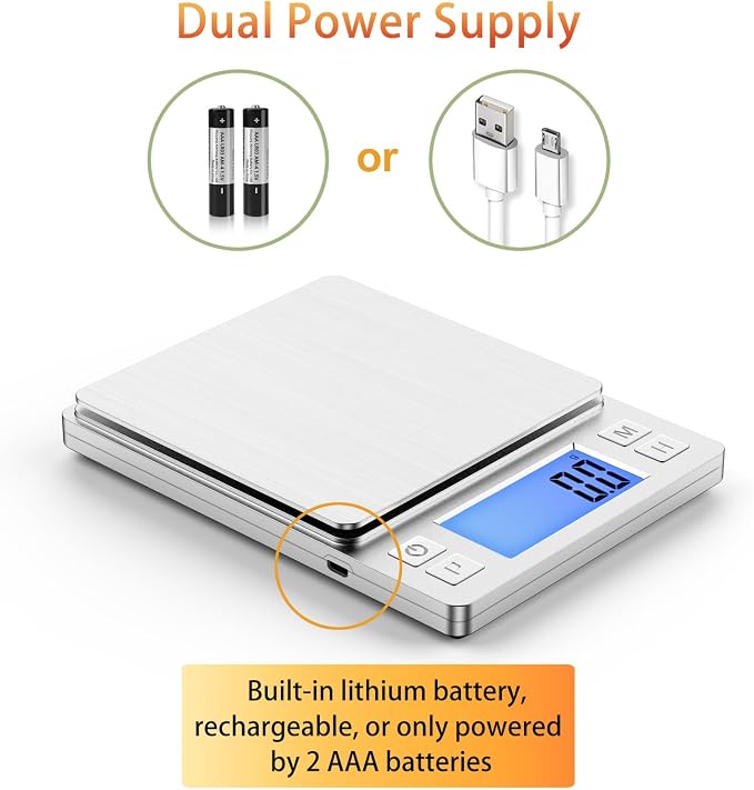 BOMATA Upgraded Small Food Scale, 0.1 g/0.001 oz High Precision, 3000 g/6.6 lb, with New Hold Function and Larger Display, USB Rechargeable, Digital Kitchen Scale for Small Item, Jewelry. Sliver