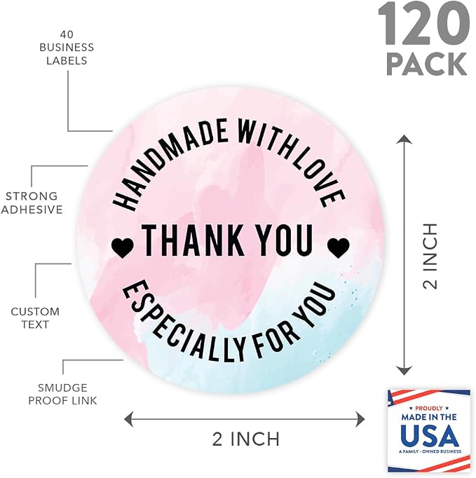 Andaz Press Round Small Business Sticker Labels, 120-Pack, Watercolor Handmade with Love, Thank You, Especially for You, Handmade Stickers for Packaging, Product Labels for Small Business