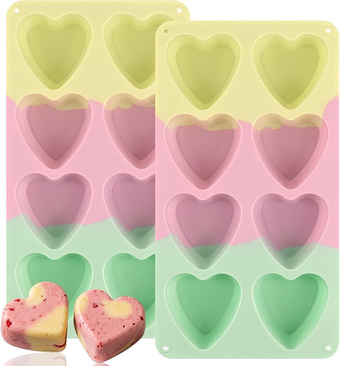 Sakolla 2 Pack 2.7″ Heart Cake Molds, 8 Cavity Silicone Baking Molds for Cake, Muffin, Egg Bites, Cupcake, Bread, Mousse (Green,Yellow,Pink)