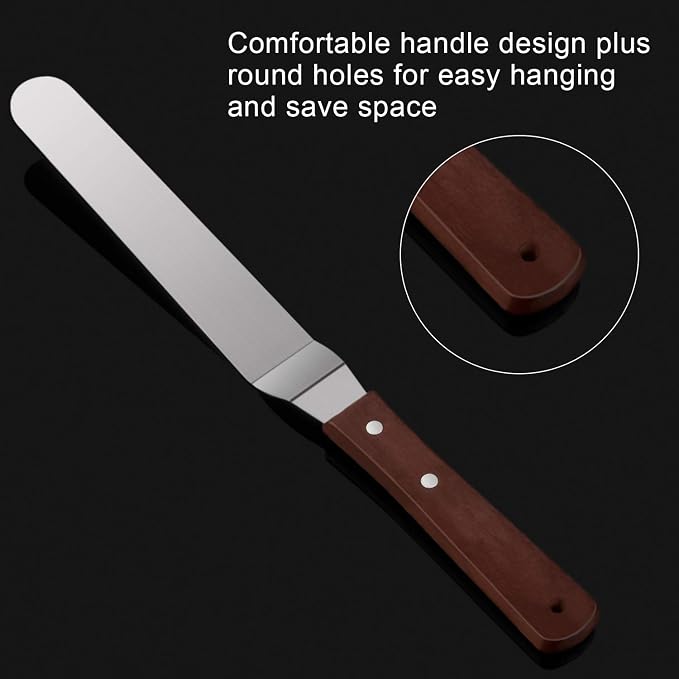 4 Packs Offset Spatula, Stainless Steel Cake Icing Spatula Set 4” 6” 8” 10”with Wooden Handle and 3 Packs Cake Smoother Scraper Set for Cake Decorating, Baking (Angled)