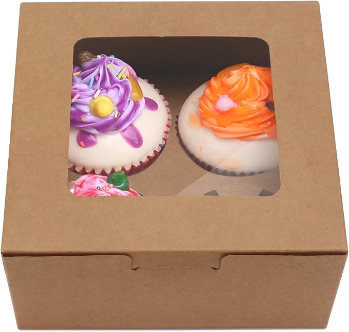 EUSOAR Muffins Boxes 4 Count, 50pcs Muffin Containers Cupcake Boxes with Insert and Display Window, Natural Color Kraft Cupcake Carrier Fits 4 Cupcakes or Muffins (6.4" x 6.3")