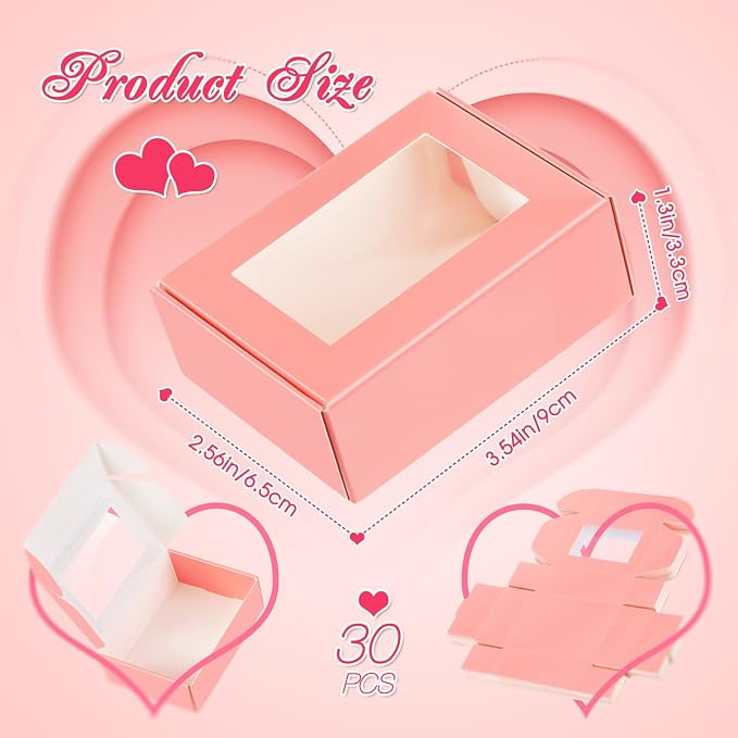 Zonon 30 Pcs Soap Boxes for Homemade Packaging, Mini Kraft Boxes with Window for Bakery Candy Soap Making Gift Packaging, 3.7x2.6x1.4 Inch (Pink)