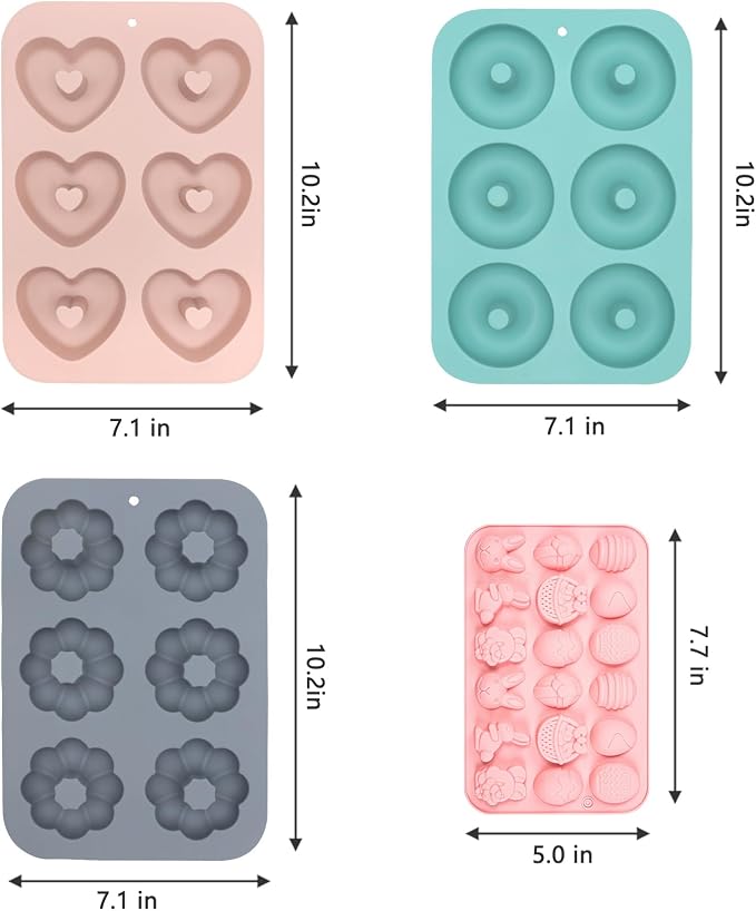 3PCS Silicone Donut Molds + 1PCS Rabbit Gummie Molds, Non-Stick Baking Doughnut Pan Tray for Pumpkin Pancake, Cake, Muffin, Cupcake