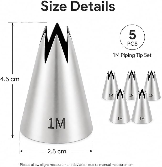 5 Pcs 1M Piping Tip Set For Icing Cupcake Cake Decorating | Stainless Steel, Reusable, Standard Size Fits Most Couplers