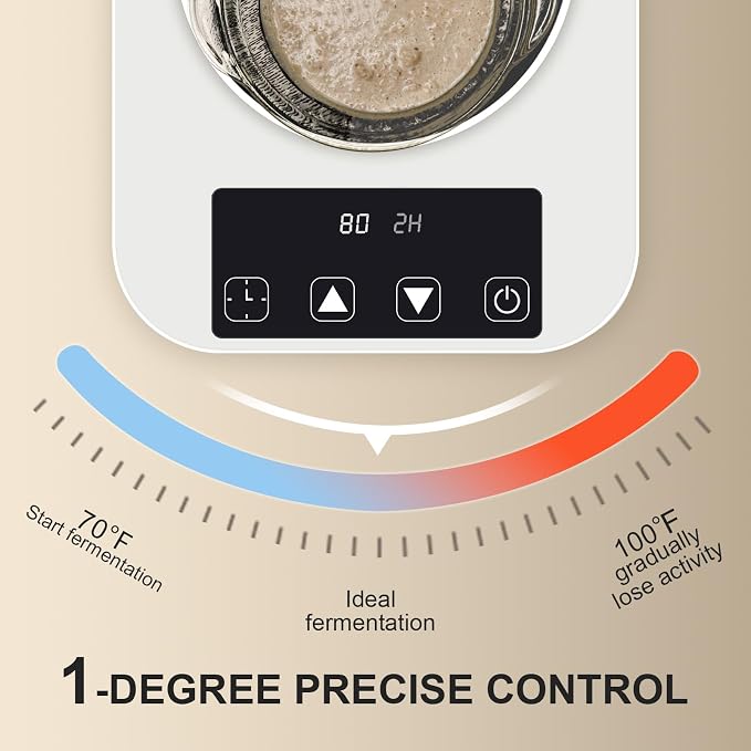 Sourdough Starter Warmer with Glass Dome, 1°F Precise Temperature Control from 70 to 100°F, 0-12H Timer Auto Warming ON/Off, Sour Dough Heating Mat and Glass Cover Set for Baking Fermentation