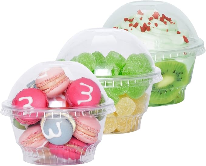 5 oz Clear Plastic Dessert Cups with Dome Lids (25Sets) - Disposable Snack Bowls (No Hole) for Cereal Parfait, Yogurt, Cupcakes, Pudding, Jello and Individual Desserts at Party