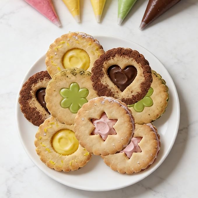 4Pcs 3D Round Cookie Cutters with Wave Edge Biscuit Cutter Star Circle Flower Heart Filled Cookie Cutters Set Plastic Cookies Cutter Small Fondant Molds Cute Cookies Stamps for Birthday Party
