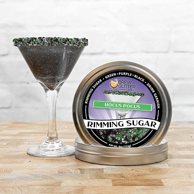 Brew Glitter - Hocus Pocus Mix - Green, Purple & Black Rimming Sugar (4oz, 1x Bar Tin) Halloween Cocktail Garnish for Mixed Drinks & Refreshments