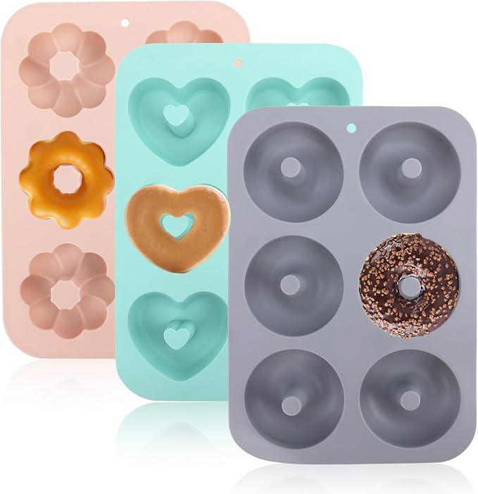 3pcs Silicone Donut Molds for Baking, Flower Round Heart Silicone Donut Maker Pan Set Easy to Demold 6 Cavities Doughnut Mould Baking Trays Supplies for Donuts Bagels Muffins Cakes Biscuit