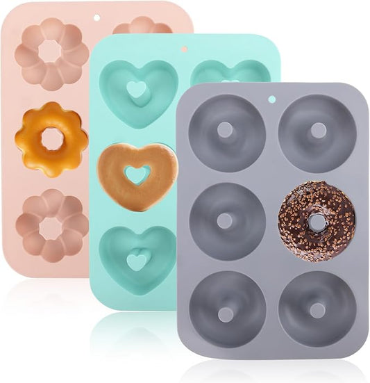 3pcs Silicone Donut Molds for Baking, Flower Round Heart Silicone Donut Maker Pan Set Easy to Demold 6 Cavities Doughnut Mould Baking Trays Supplies for Donuts Bagels Muffins Cakes Biscuit