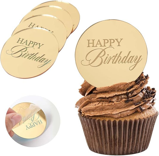 20pcs Gold Birthday Cupcake Toppers Acrylic Cake Picks for Party Decor | Mirror Design Birthday Party Supplies Round Picks DIY Gifts Flower Bouquet Pastries Desserts Decor
