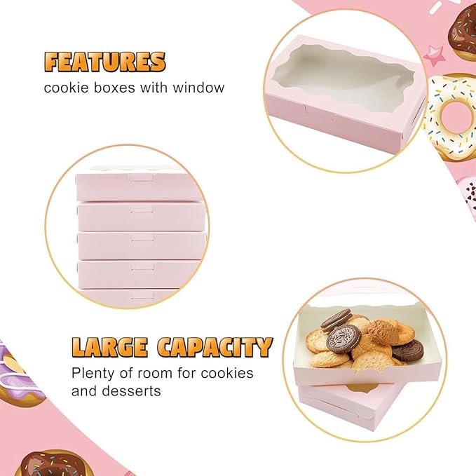 Cookie Boxes with Window Pink Bakery Boxes 7 x 4.3 x 1.5 Inch Takeout Treat Boxes for Cookies, Donuts, Pastry, Strawberries, Macarons(20PCS)