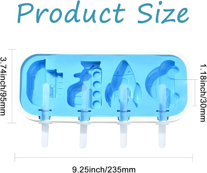 Ipotkitt Blue Vehicle Silicone Ice Cream Mold Car Rocket Ship Candy Molds for Ice Cream Chocolate Jelly Cake Ice Crafts, 1pcs, 9.5x23.5x3cm, 4 Cavities