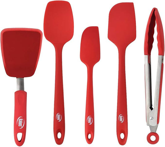 Kaluns 5-Piece set Includes 3 Silicone Spatulas 1 Turner and 1 9" Tong Kitchen Tools Best for Cooking,Baking and Mixing, Strong Stainless steel core design Non-stick and 600F Heat resistant