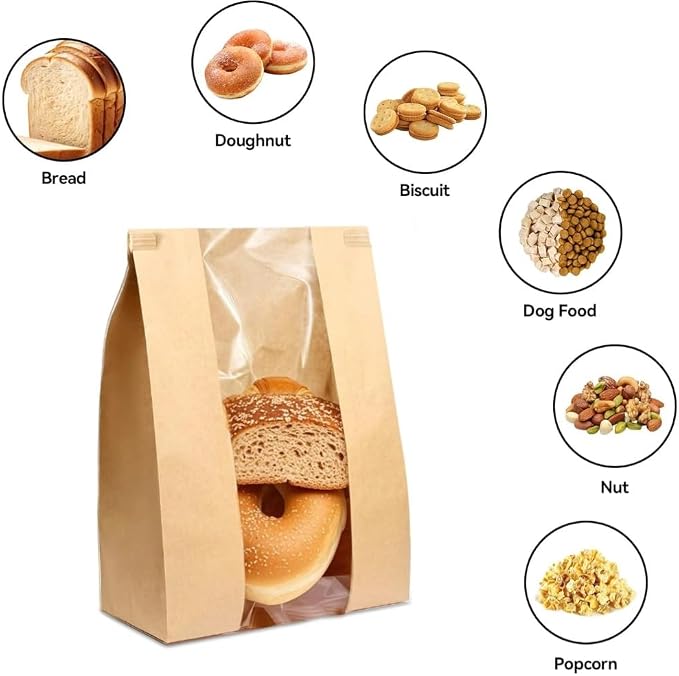 PAICUIKE 100 Pack Large Kraft Paper Bread Bags for Homemade Bread Sourdough Bags 13.7" x 8.2" x 3.5" with Tin Tie Tab Lock Clear Front Window Bakery Bag Packaging Cookie Bag with Label Seal Stickers