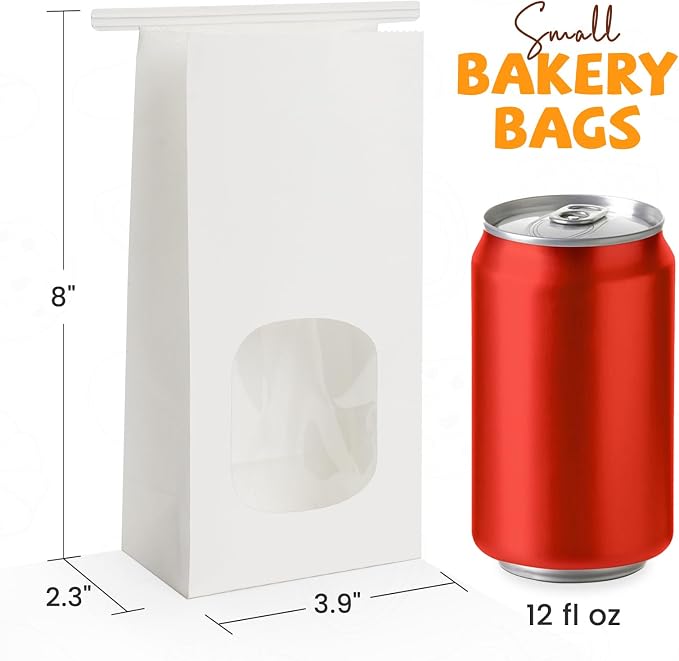 50 Pack Bakery Bags with Window, 3.9x2.3x8.2 Inches Tin Tie Tab Paper Cookie Bags White Small Gift Bag for Packaging Popcorn, Trail Mix, Treats, Snacks, Baked Goods, Party Favors | Grease Resistant