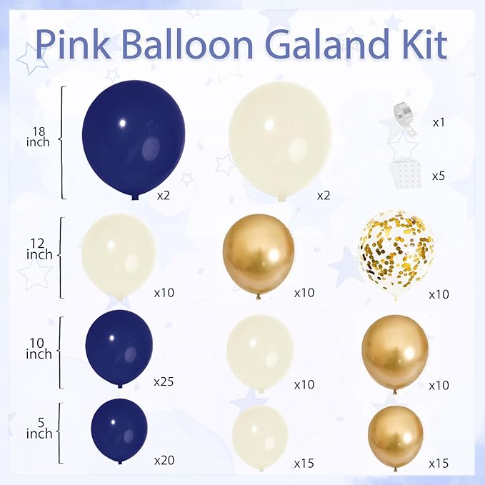 Blue and Gold Balloons Arch Kit, Navy Dark Blue Latex Balloon Arch Kit with Chrome Gold Sand White Balloons Garland and Gold Confetti Balloons for Wedding Boy Birthday Gender Reveal Party Decoration