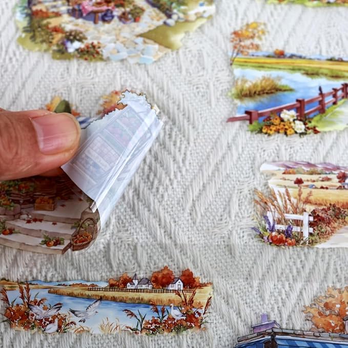 Large Transparent PET Autumn Landscape Sticker Book for Journaling, 20 Sheets Pre-Cut Scenery Stickers for Scrapbooking Supplies, Collage Decorative, 9.25 x 6.58 inches