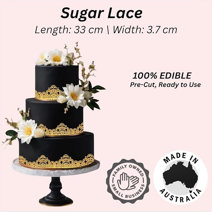 3 Pieces Shiny Gold Honeycomb Edible Sugar Cake Lace Strips - Ready to Use Handcrafted Decoration with 3D Effect