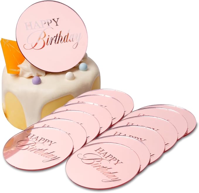 20pcs Pink Birthday Cupcake Toppers Acrylic Cake Picks for Party Decor | Mirror Design Rose Gold Birthday Party Supplies Round Picks DIY Gifts Flower Bouquet Pastries Desserts Decor
