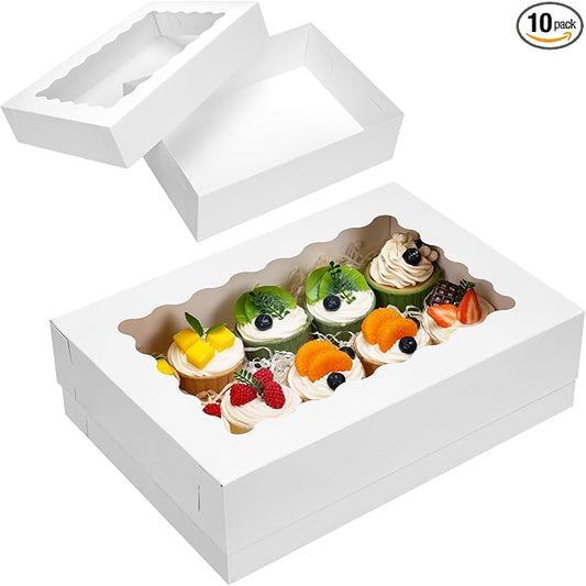 Moretoes 10pcs 14x10x4in Sheet Cake Boxes White Rectangle Bakery Boxes with Window, for Cake Pastry Baking Donuts Cupcake Pie Packaging
