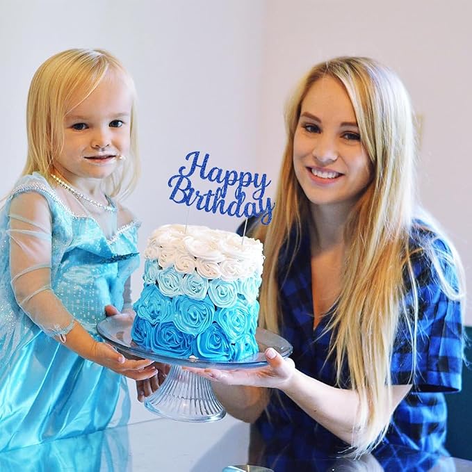BEISHIDA Blue happy birthday Cake Topper, Happy Birthday Cake Bunting Decor,Birthday Party Decoration Supplies，Photo Booth Props