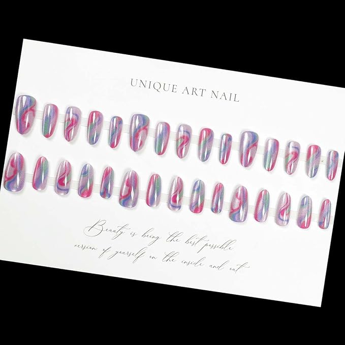 30Pcs Press on Nails Short Almond ZWENJIE Cat Eye Fake Nails Press ons Nail Tips Stick on Nails Tip Acrylic Nails Kit French False Nails with Colorful Blend Design Nail Art for Women Manicure