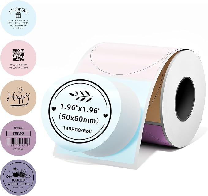 Phomemo 2 Inch Round Thermal Labels,5 Color Self-Adhesive Stickers for M110/M100/M220/M108/M221 Label Makers,50x50mm Circle Sticker Labels for Small Business,Baking, Candle, Logo, Canning,140pcs/Roll