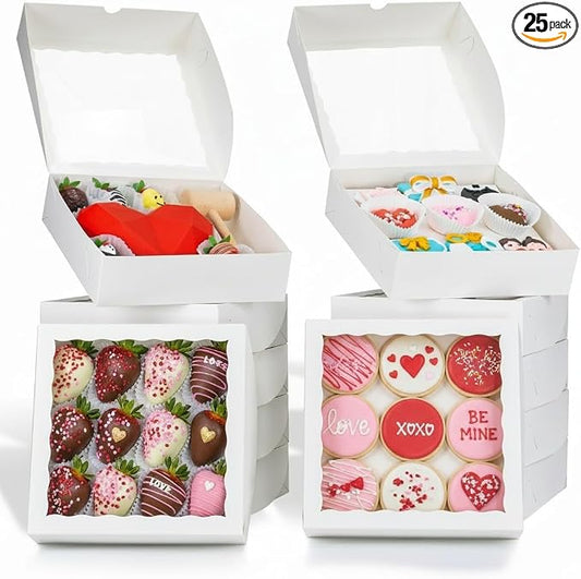 25Pack 9X9X2.5 Inches White Bakery Boxes with Window, Pastry Box for Chocolate Strawberries, Macarons, Truffles, Ideal for Valentine's Day, Mother's Day, Christmas Party Favors & Holiday