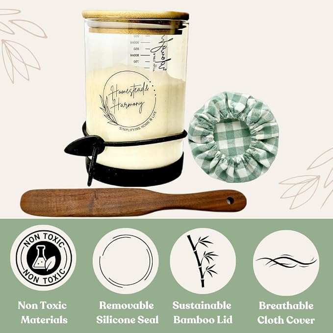 Sourdough Starter Kit - Sourdough Kit Includes Wooden Spurtle, Wide Mouth Jar w/ Bamboo Lid & More - Non-Slip Silicone Base Sourdough Bread Baking Supplies - Bread Making Kit for Beginners & Pros