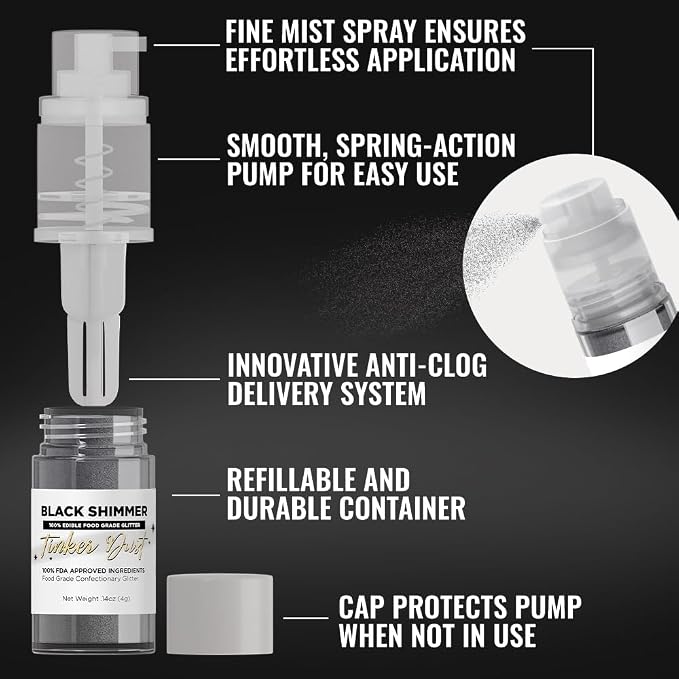 Bakell - Black Tinker Dust (4g, 1x Mini Spray Pump) Edible Glitter for Food, Desserts, and Baked Goods!