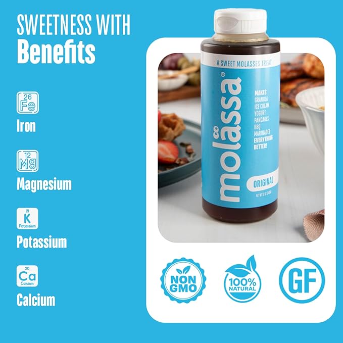 Molässa Light Sweet Molasses - Specialty Sweetener Made From 100% Pure Sugar Cane - Delicate Caramel Notes, Smooth Golden Texture & No Bitterness for Pancakes, Granola, BBQ & Baking - 18.1oz Bottle