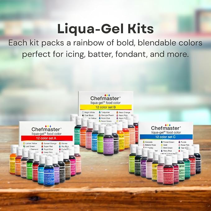 Chefmaster - Liqua-Gel Food Coloring - 12 Color Set C - Fade Resistant - 12 Pack - Vibrant, Eye-Catching Colors, Easy-To-Blend Formula - Made in the USA