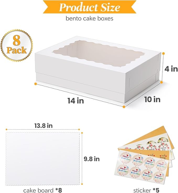 COTOPHER 14x10x4 In Sheet Cake Boxes, 16 Pcs White Bakery Boxes with Large Window (8 Boxes & 8 Boards), Cake Containers for Quarter Cakes, Donuts, Cupcakes, Brownie, Pastry & Pies Packaging
