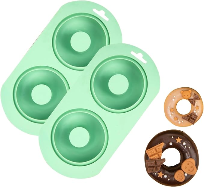 QELEG 2 Pack Silicone Donut Pan, 2-Cavity Fluted Tube Cake Pan Non-stick Silicone Baking Mold for Donuts, Cornbread, Brownies, Bagel, mousse, madeline, Green 2Pcs/2-Cavity, round