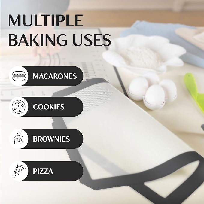 Silicone Baking Mat (S, M, L) with Measurement Indicators, Non-Slip Surface, and Pastry Mat Sheet for Dough Rolling - Perfect for Creating Cookies, Macarons, and Bread - Pack of 3