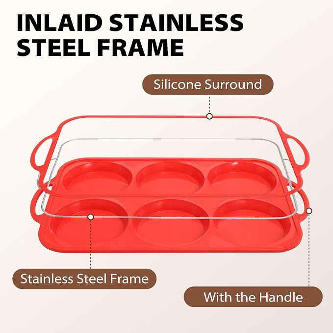 4 Inch Muffin Top Pan Non Stick with Metal Frame, Silicone Egg Molds for Breakfast Sandwiches, Large Round Whoopie Pie Baking Pan with Handle for English Muffin, Egg Bite and Oven, Red