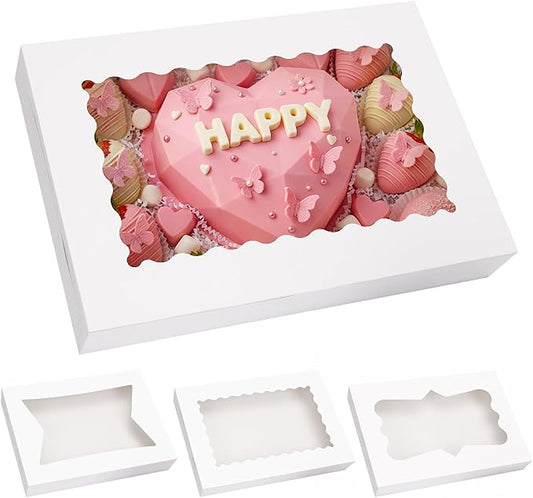 Moretoes 60pcs 16x11x2.5 Inch Cookie Boxes (Not Popup), Bakery Boxes with 3 Style Window for Pastries, Pies, Muffins, Chocolate Covered Strawberries
