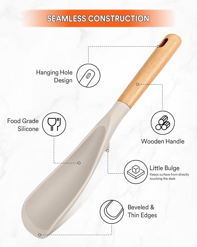 Cooking Spoon for Nonstick Cookwares, Great for Cooking and Serving Sturdy BPA-Free Matte Silicone, Wood Handle Spoon for Mixing, Scoop, and Scrape (2 Pack of Khaki, 11.4 inch)